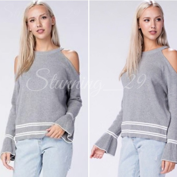 🆕️GREY COLD SHOULDER BELL SLEEVE KNIT SWEATER - Picture 3 of 5